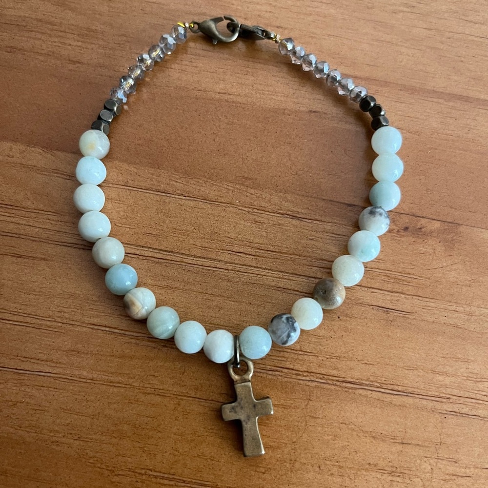 BOGO Amazonite Cross Bracelet Natural Stone and Brass Tone